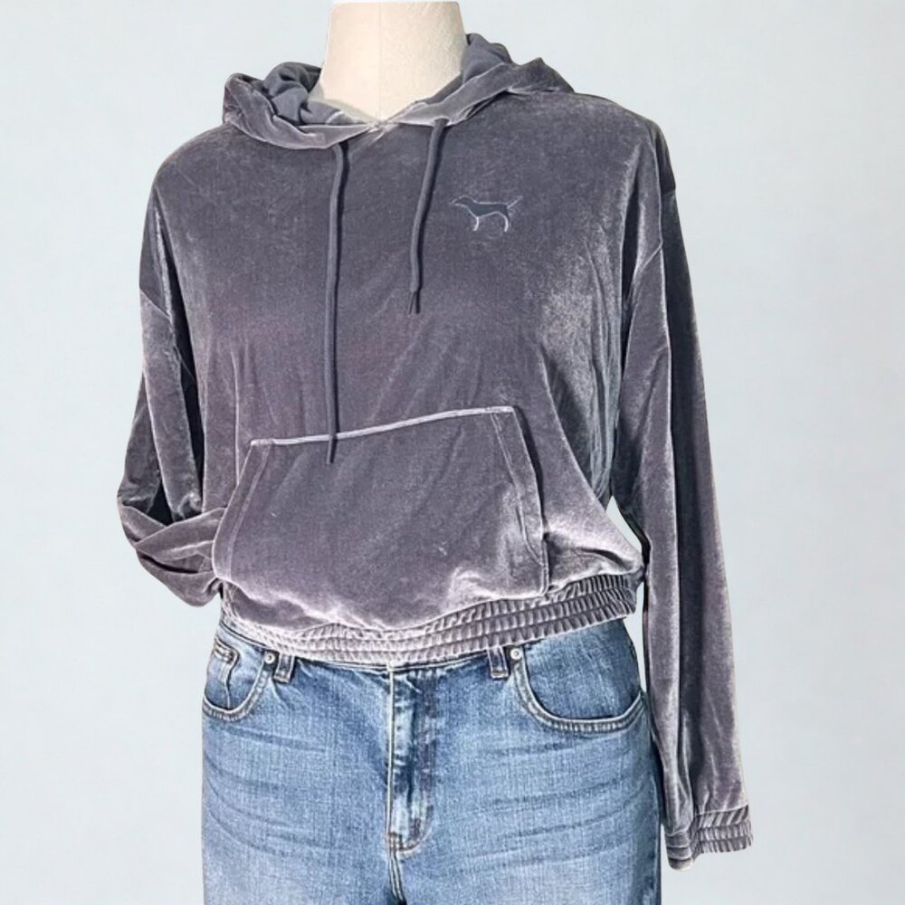 PINK Victoria’s Secret gray velour hoodie with pouch pocket long sleeves M - Picture 1 of 8